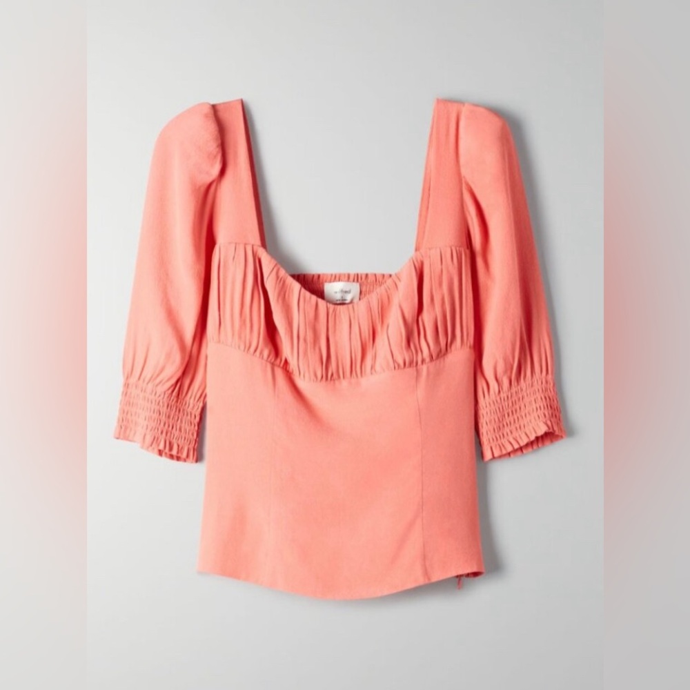 Aritzia Pandora Coral Smocked Bella Coquette Boho puff-sleeve Blouse Sz M